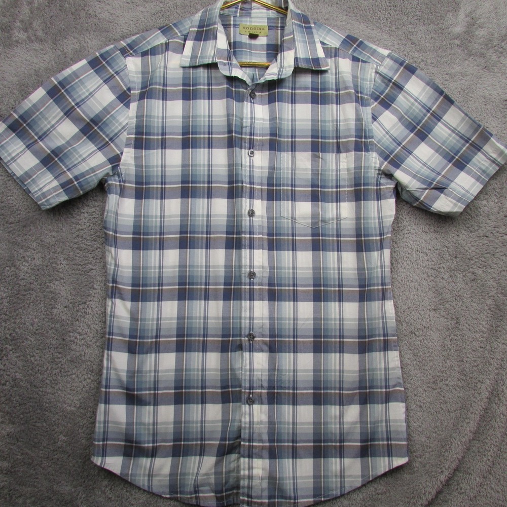 Sonoma‎ Life+Style Shirt Mens Small Blue Plaid Short Sleeve Button Front Casual